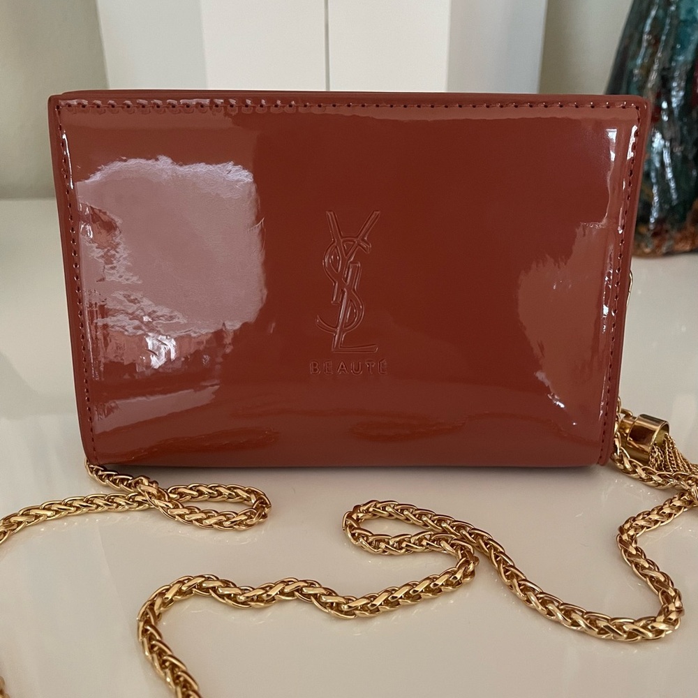 Yves Saint Laurent patent Glossy Red Brown Bag purse gold chain tassel rare logo - Picture 8 of 8